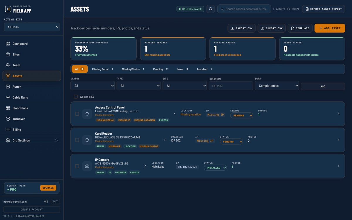 HandoffGrid asset register with device records and supporting documentation.
