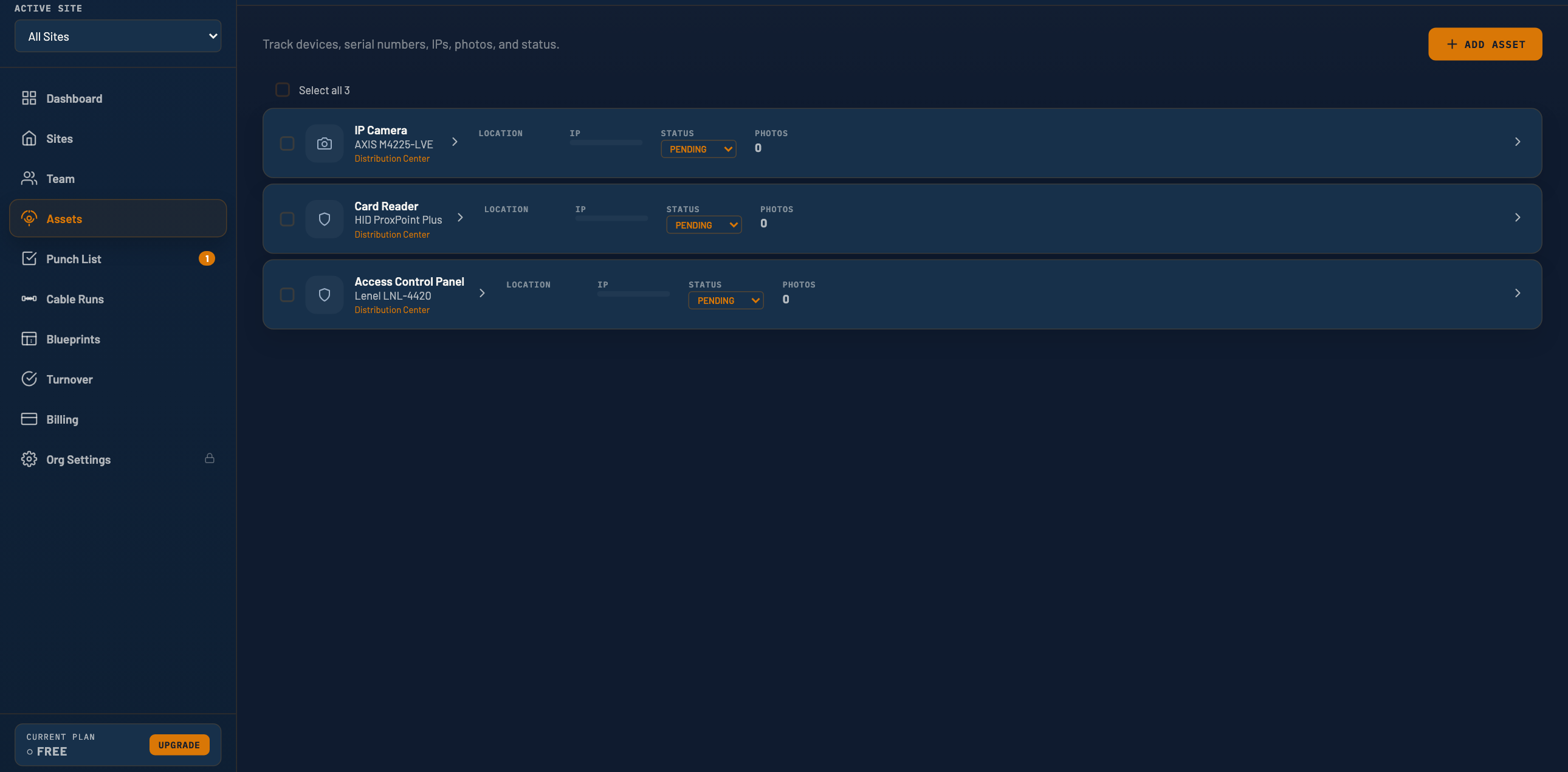 HandoffGrid asset register with device records and supporting documentation.