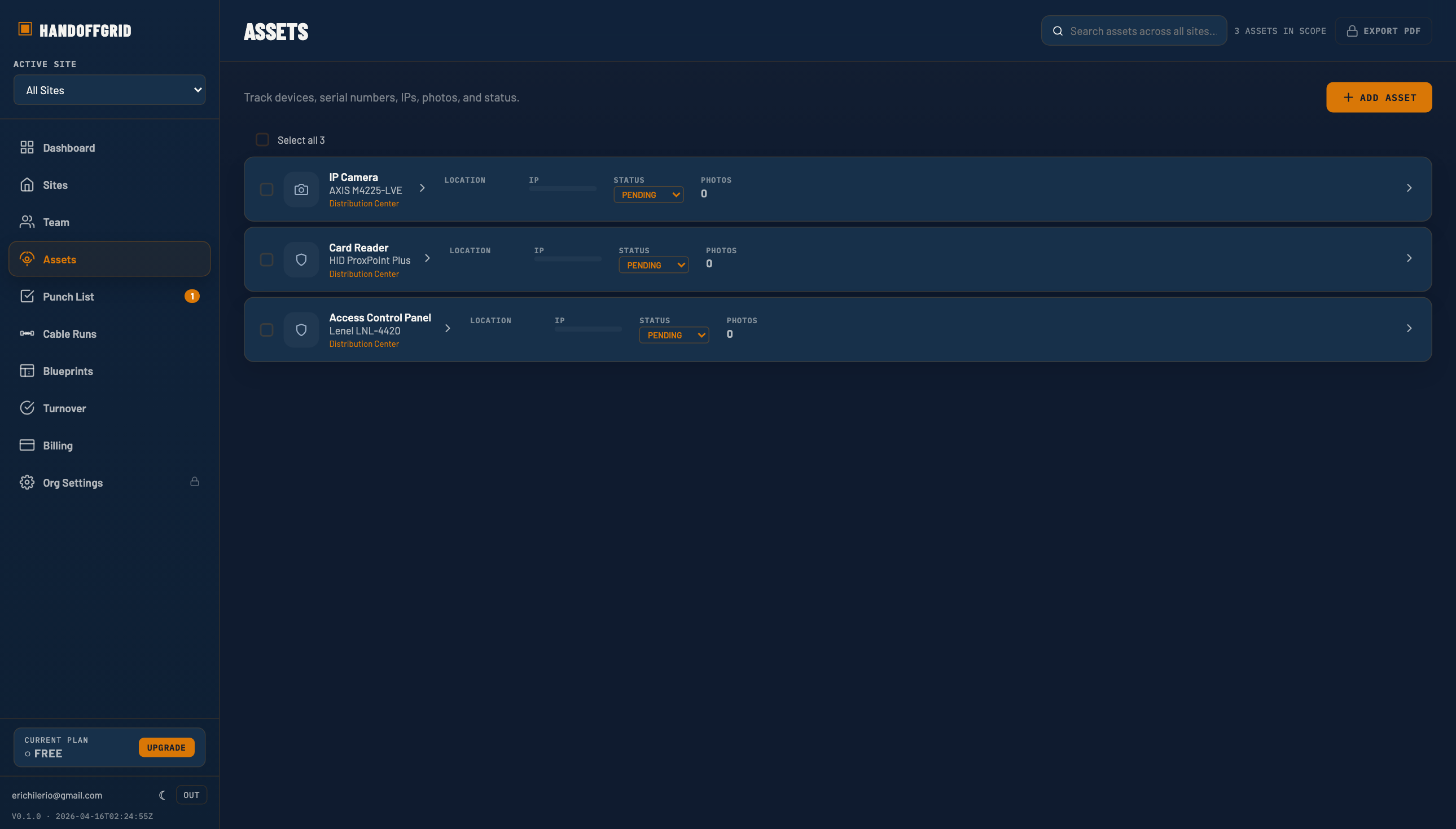 HandoffGrid assets screen showing installed device records and documentation.