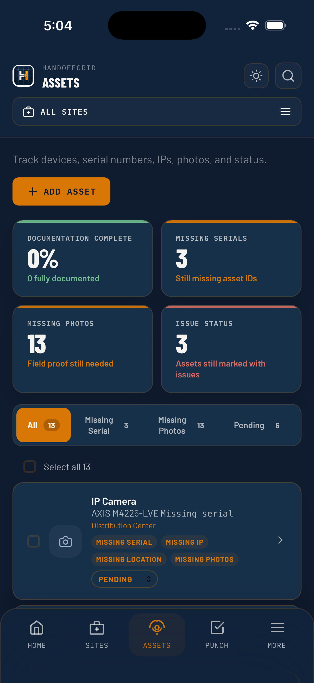 HandoffGrid iPhone assets screen preview.