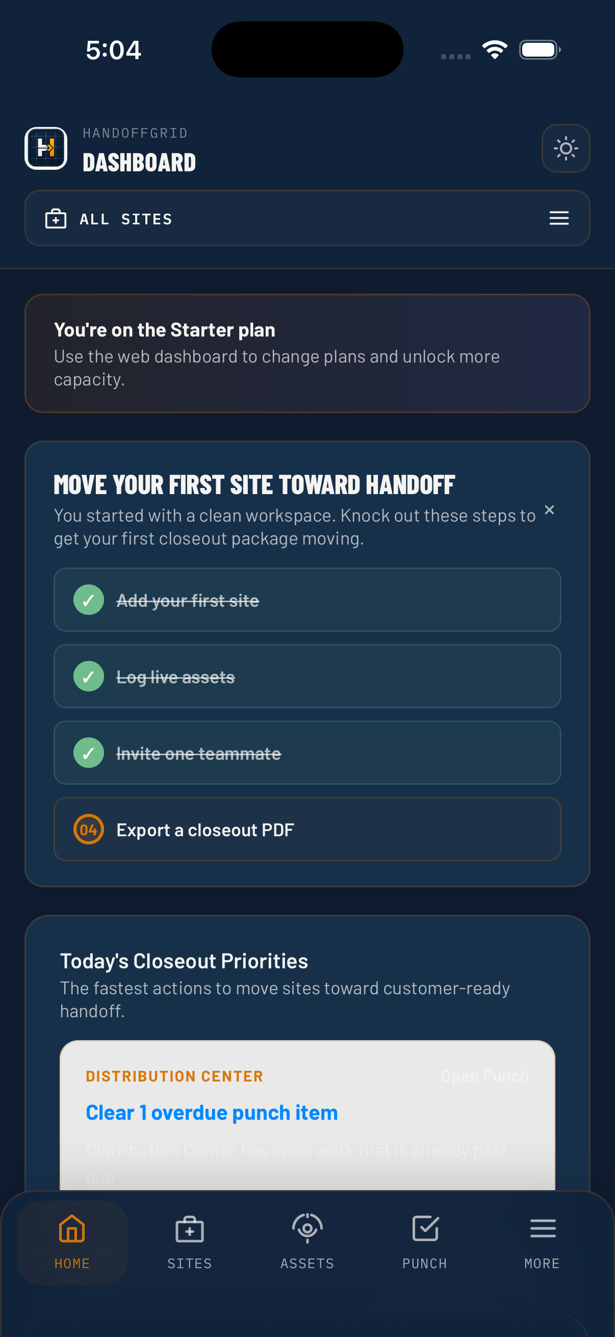 HandoffGrid iPhone dashboard preview.