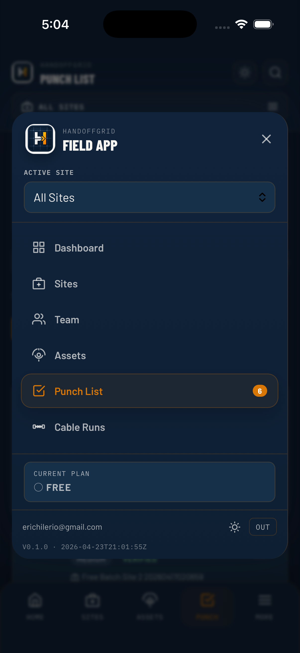HandoffGrid iPhone menu preview.