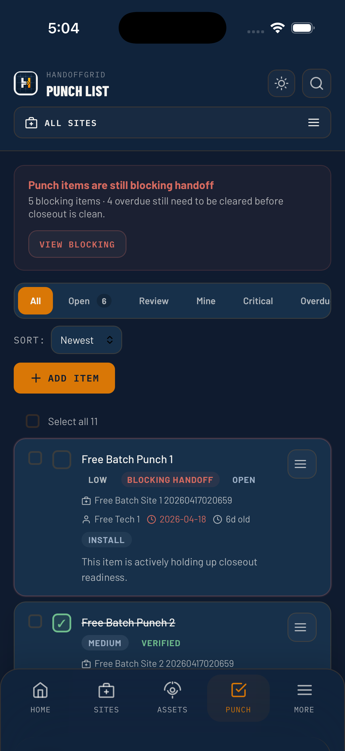HandoffGrid iPhone punch list screen preview.