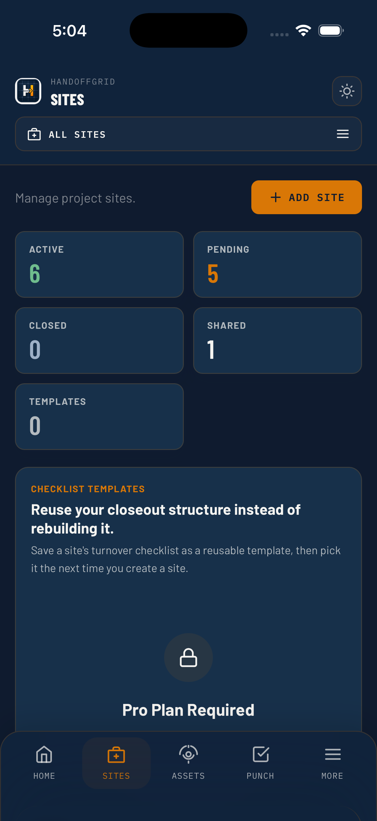HandoffGrid iPhone sites screen preview.