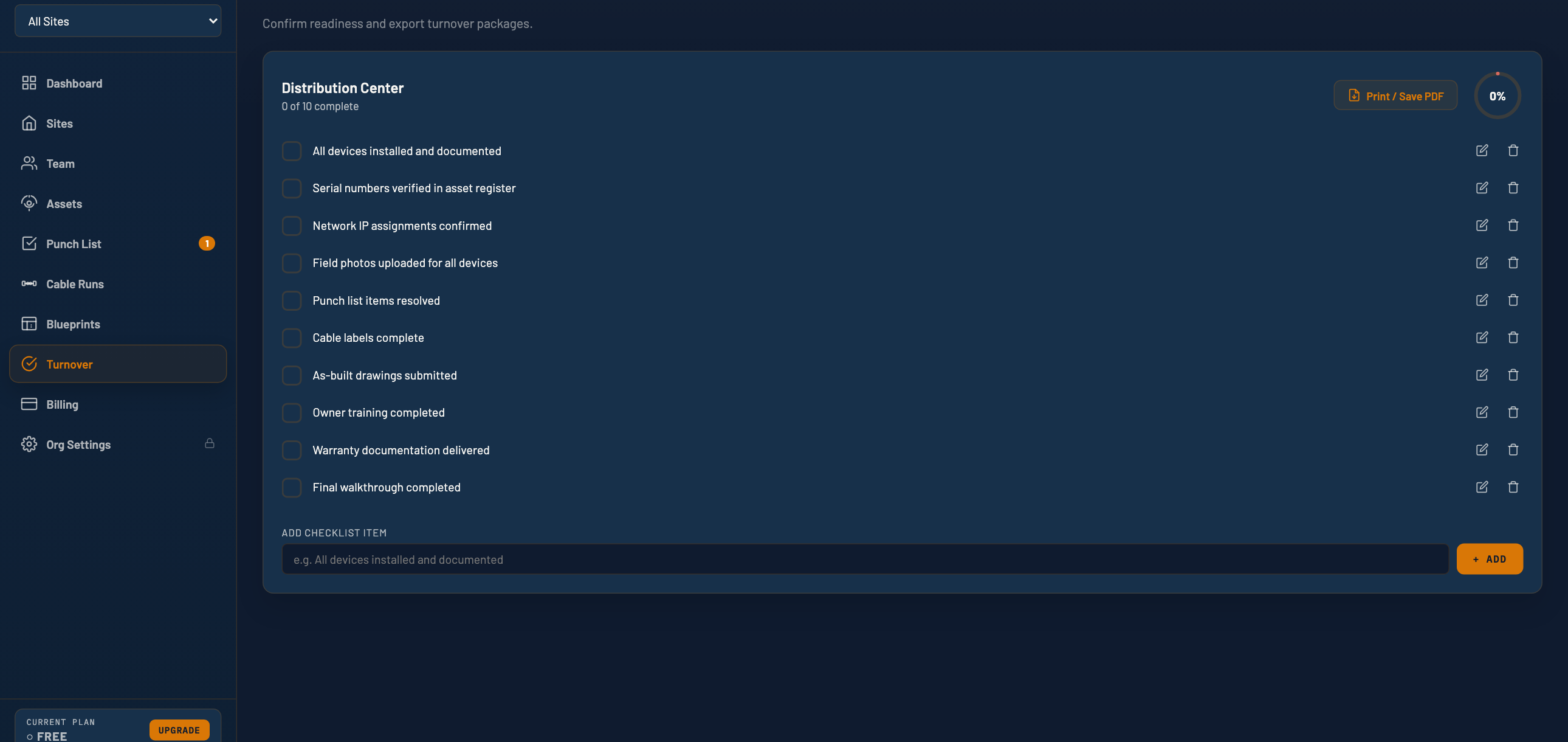 HandoffGrid turnover checklist with closeout readiness progress.
